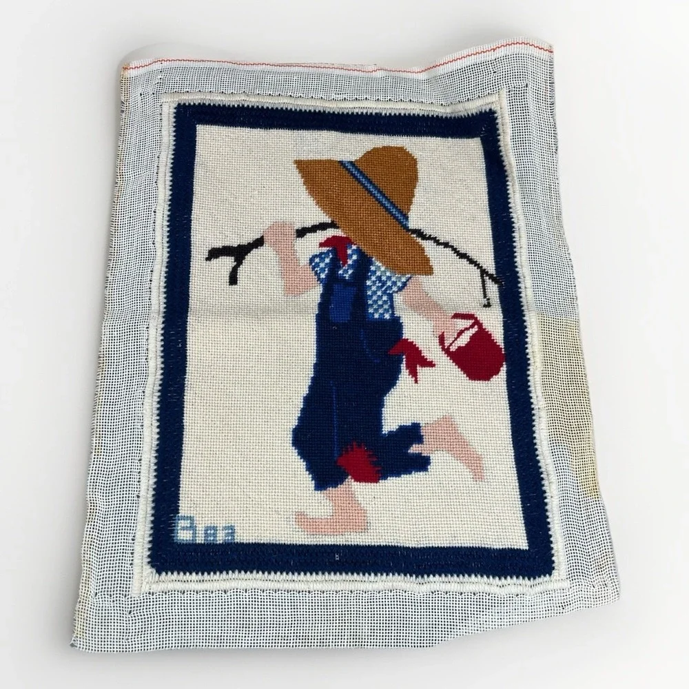 Vintage Completed Needlepoint Canvas Boy With Hat Gone Fishing 11.5